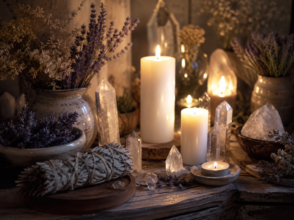 Autel de rituel de protection en magie blanche avec bougies blanches, cristaux et herbes séchées